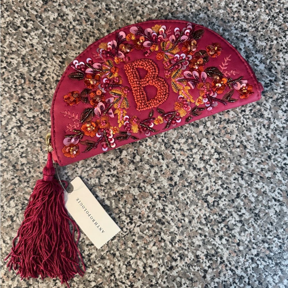 Anthropologie Leather Monogram Beaded Half-Moon Pouch – Initial B